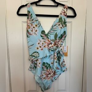 Kona Sol Tropical Print one piece bathing suit, full coverage, teal blue, Small